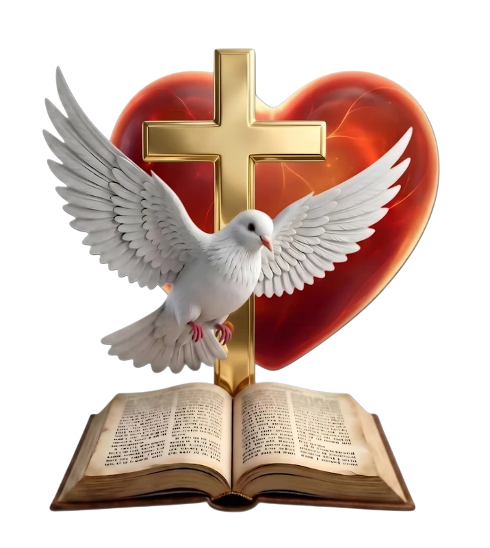 Paloma del Espíritu Santo sobre una cruz dorada, corazón y Biblia abierta